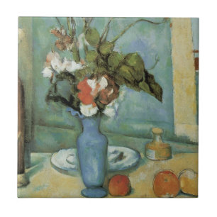 De blauwe vaas (Bloemen en fruit) van Paul Cezanne Tegeltje