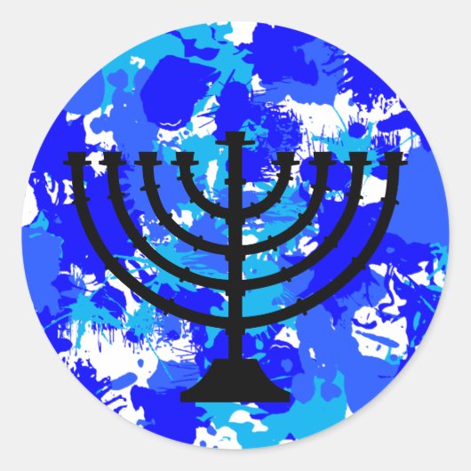 De blauwe Verf ploetert Menorah Ronde Sticker (Voorkant)