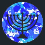 De blauwe Verf ploetert Menorah Ronde Sticker<br><div class="desc">De blauwe verf ploetert menorah stickers.</div>