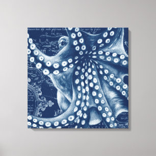 De blauwe Vintage Elegante Kaart van de Octopus Canvas Afdruk