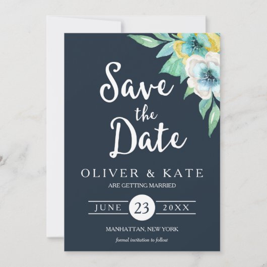 De blauwe Waterverf Floral bewaart de Datum Kaart (Voorkant)