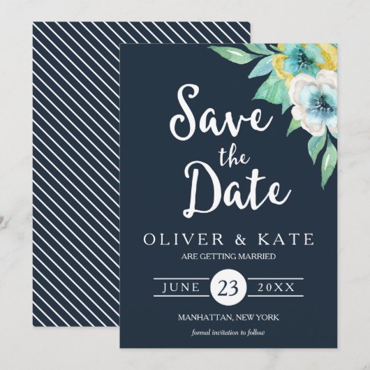 De blauwe Waterverf Floral bewaart de Datum Kaart (Voorkant / Achterkant)