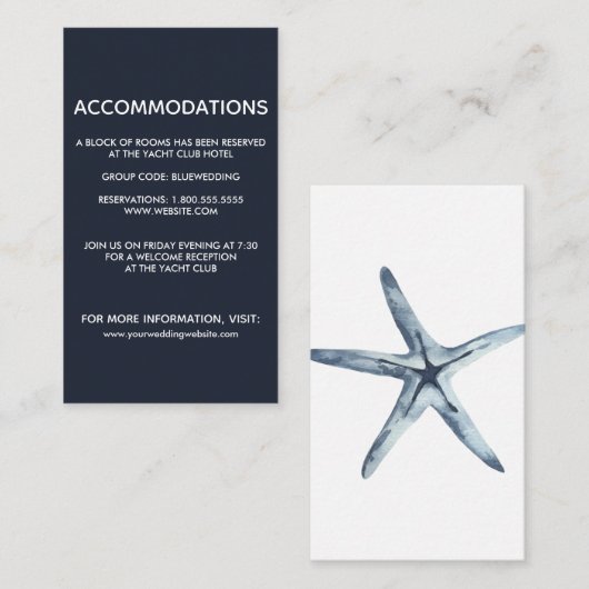 De blauwe zeester | Bruiloft hotelaccommodatie Informatiekaartje (Voorkant / Achterkant)