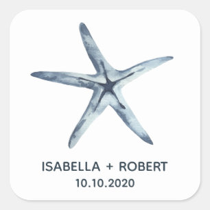 De blauwe zeester   Bruiloft Monogram Vierkante Sticker
