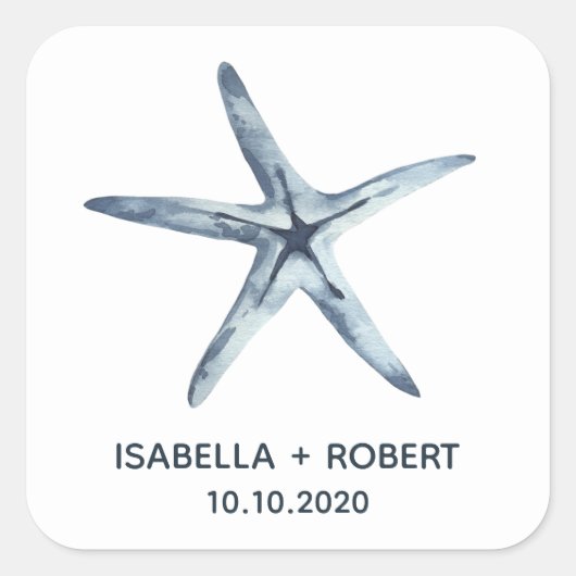 De blauwe zeester | Bruiloft Monogram Vierkante Sticker (Voorkant)