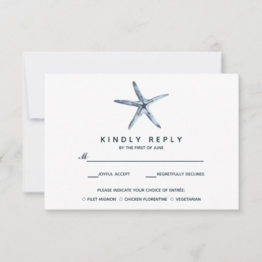 De blauwe zeester | Bruiloft RSVP met maaltijdkeuz Kaartje (Voorkant)