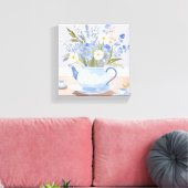 De Bloeiende Kettle | Blauwe Waterverftea Schilder Canvas Afdruk (Insitu (Woonkamer))