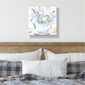 De Bloeiende Kettle | Blauwe Waterverftea Schilder Canvas Afdruk (Insitu (Slaapkamer))