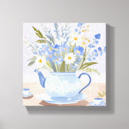 De Bloeiende Kettle | Blauwe Waterverftea Schilder Canvas Afdruk