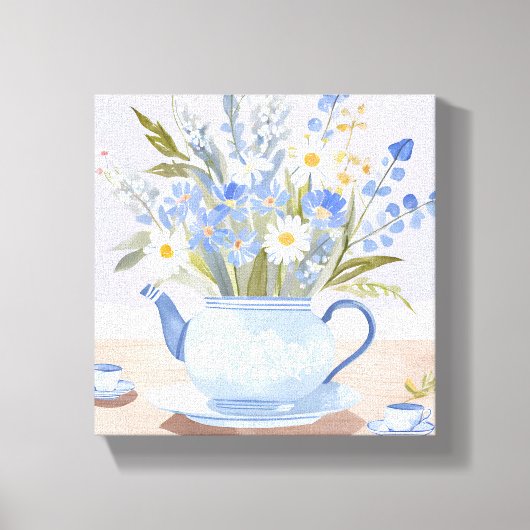De Bloeiende Kettle | Blauwe Waterverftea Schilder Canvas Afdruk (Voorkant)