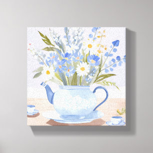 De Bloeiende Kookketel   Blauwe Aquarel Thee Schil Canvas Afdruk