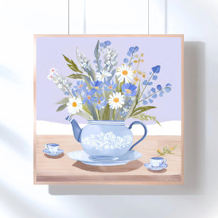 De Bloeiende Kookketel   Blauwe Aquarel Thee Schil Poster