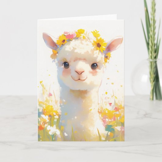De bloem kroonde alpaca kaart (Voorkant)