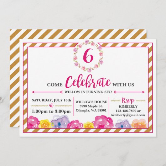 De bloemen Gestreepte Uitnodiging van de Partij (Voorkant / Achterkant)