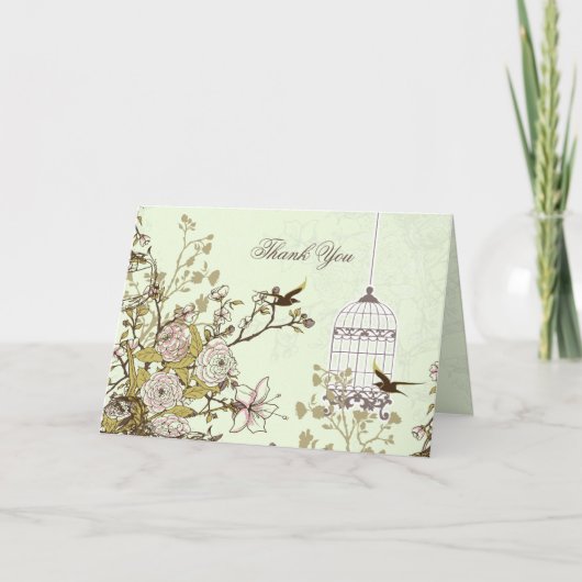 de bloemen groene vogelkooi, liefdevogels dankt u bedankkaart (Voorkant)