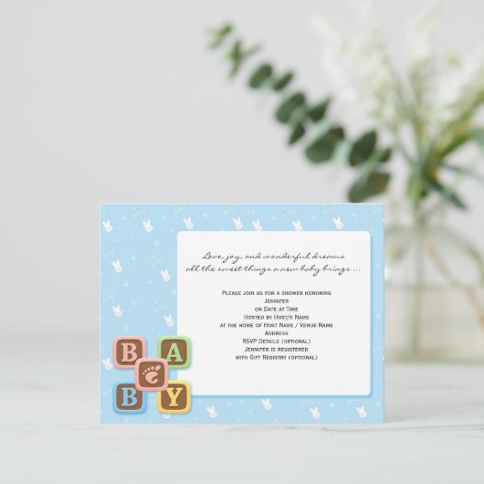 De Blokken van het baby op de Blauwe Uitnodiging (Staand voorkant)