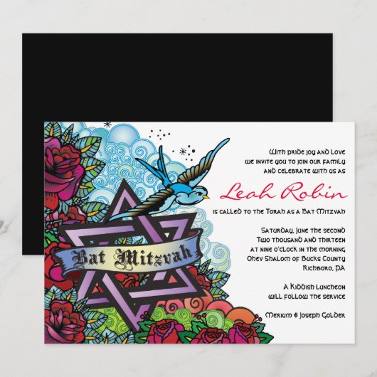 DE BLUEBIRD STAR VAN DAVID Bat Mitzvah Kaart (Voorkant / Achterkant)