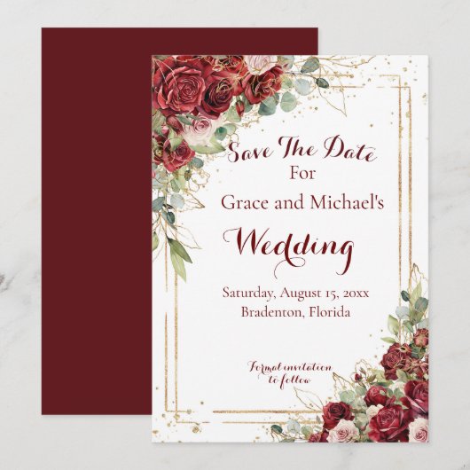 De Blushing Bride Red Rose Bruiloft Save The Date (Voorkant / Achterkant)