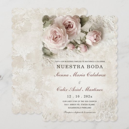De Boda Elegante Con Flores Rosa Pastel Uitnodigin Kaart (Voorkant / Achterkant)