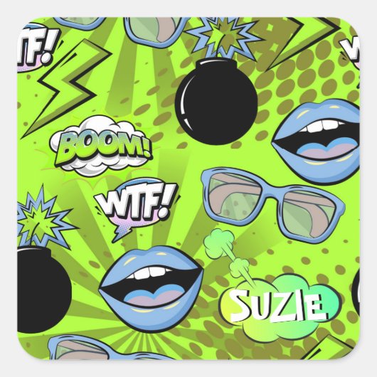 De Bomb Retro Lips Lime Green ID553 Vierkante Sticker (Voorkant)