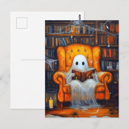 De Bookish Ghost | Gezellige Halloween Bibliotheek Briefkaart (Voorkant / Achterkant)