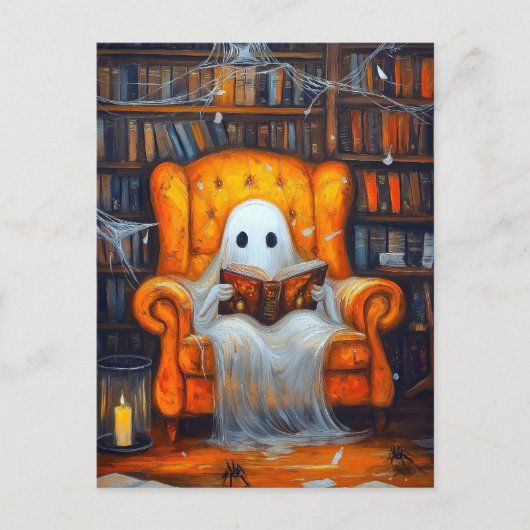 De Bookish Ghost | Gezellige Halloween Bibliotheek Briefkaart (Voorkant)