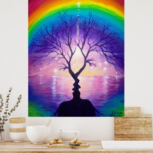 De boom van de kus onder de regenboog van liefde poster (Keuken)