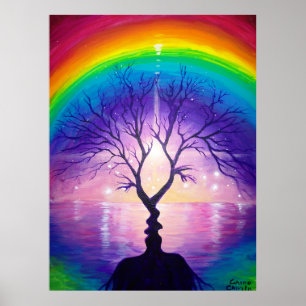 De boom van de kus onder de regenboog van liefde poster