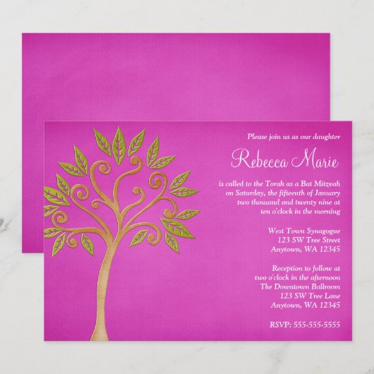 De boom van het Leven Zwemelt Roze Bat Mitzvah Inv Kaart (Voorkant / Achterkant)