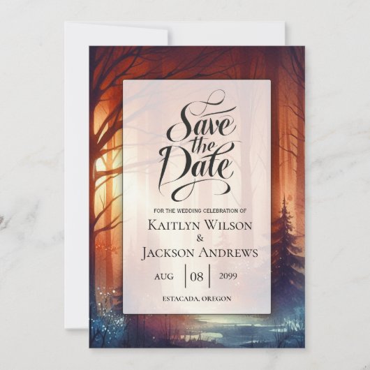 De bosbetovering van vallende bladeren bruiloft save the date (Voorkant)
