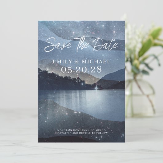 De bossterren van het bergmeer sparen de datum save the date (Staand voorkant)