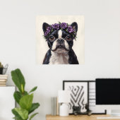 De Boston Terrier in een Paarse bloemkroon Poster (Thuiskantoor)