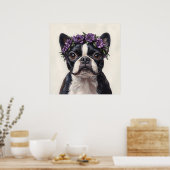 De Boston Terrier in een Paarse bloemkroon Poster (Keuken)