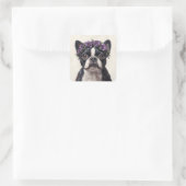 De Boston Terrier in een Paarse bloemkroon Vierkante Sticker (Tas)