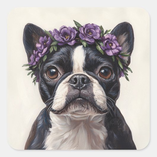De Boston Terrier in een Paarse bloemkroon Vierkante Sticker (Voorkant)