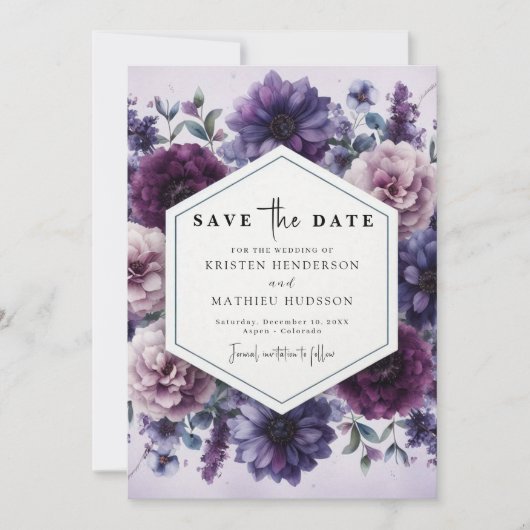 De botanische digitale Paarse bloemenbruiloft Save The Date (Voorkant)