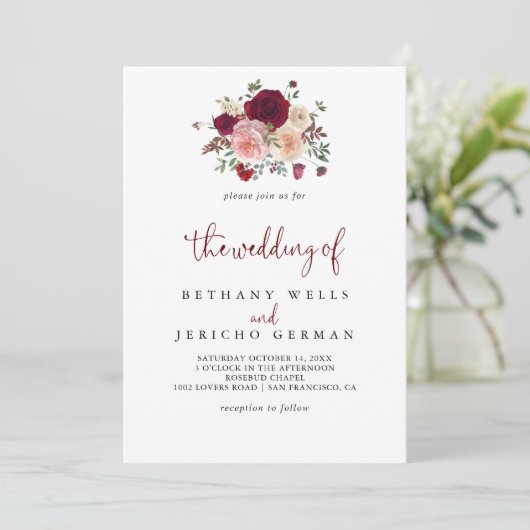 De Bourgondische Roze Blush Bloemen Bruiloft van Kaart (Staand voorkant)