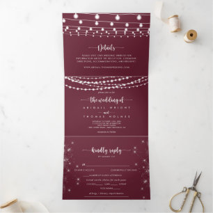 De Bourgondische String Lights Trifold van Bruilof Drieluik Uitnodiging