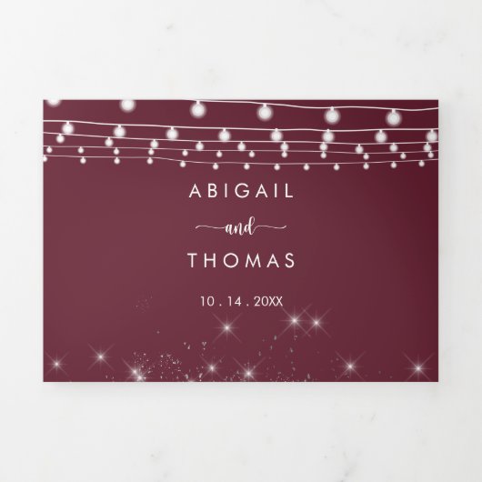 De Bourgondische String Lights Trifold van Bruilof Drieluik Uitnodiging (Cover)