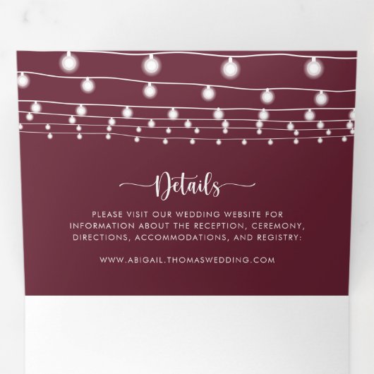De Bourgondische String Lights Trifold van Bruilof Drieluik Uitnodiging (Binnenzijde eerst)