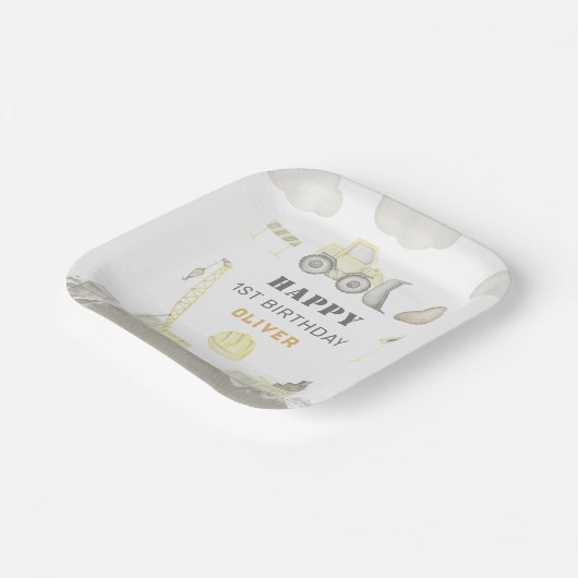 De bouw Leuke Bouw Kinder 1e Verjaardagsfeestje Papieren Bordje (Gebogen)