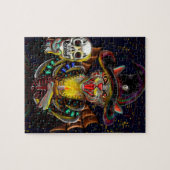 De boze heekkat houdt een schedel en een kaars vas legpuzzel (Horizontaal)