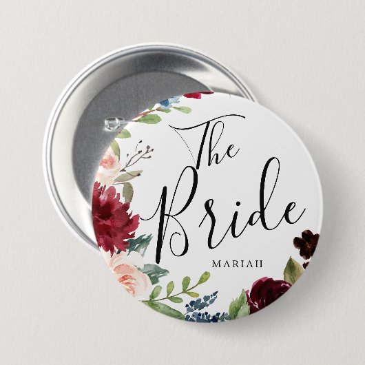 De bride | Burgundy Bouquet - Eigen naam huwelijk Ronde Button 7,6 Cm (Voorkant /achterkant)