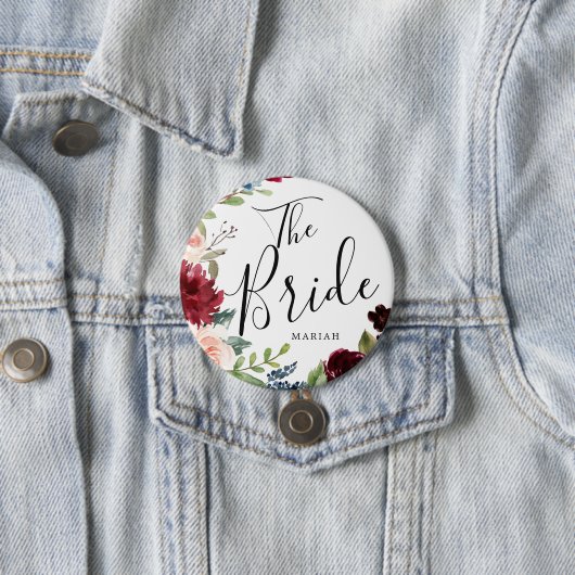 De bride | Burgundy Bouquet - Eigen naam huwelijk Ronde Button 7,6 Cm (In situ)