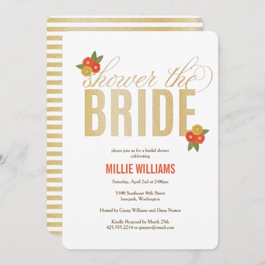 De Bride Glitter & Floral Shower Invitatio Kaart (Voorkant / Achterkant)