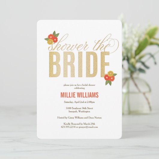 De Bride Glitter & Floral Shower Invitatio Kaart (Staand voorkant)