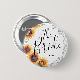 De bride   Zonnebloemen Eigen naam bruiloft Ronde Button 5,7 Cm
