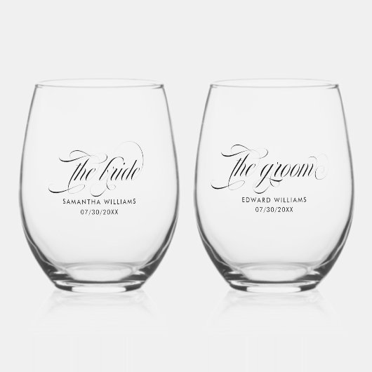 De bruid De bruidegom Elegant Black Typography Wijnglas Zonder Voet (Voorkant)