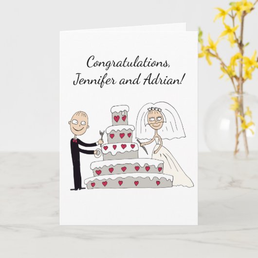 De bruid en bruidegom sneden de bruidstaart. geluk kaart (Gele Bloem)