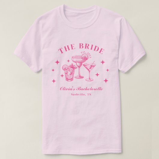De bruid Hot Pink Cocktail Travel Bachelorette T-shirt (Design voorkant)